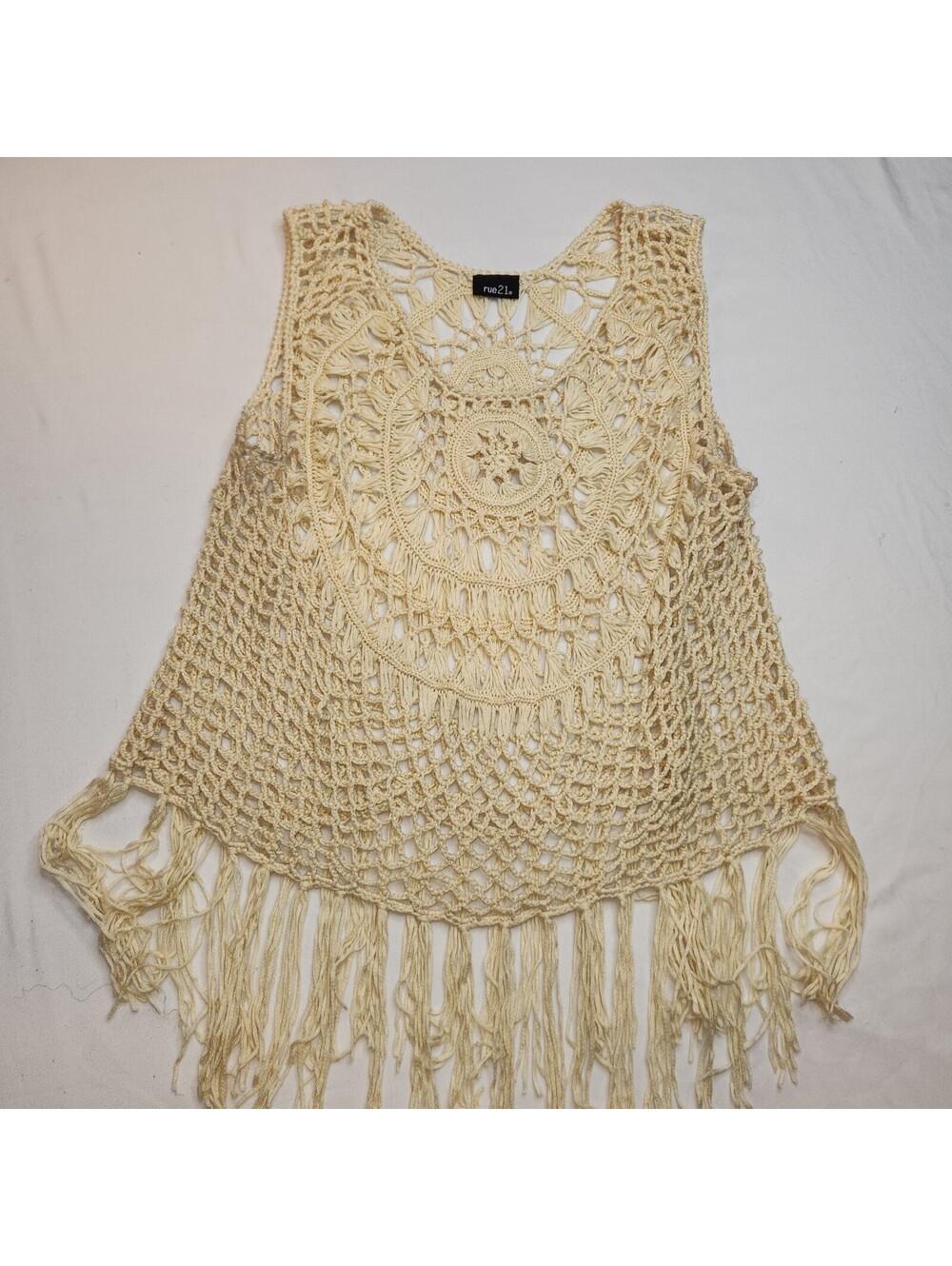 Rue21 Cream Crochet Fringe Sleeveless Top